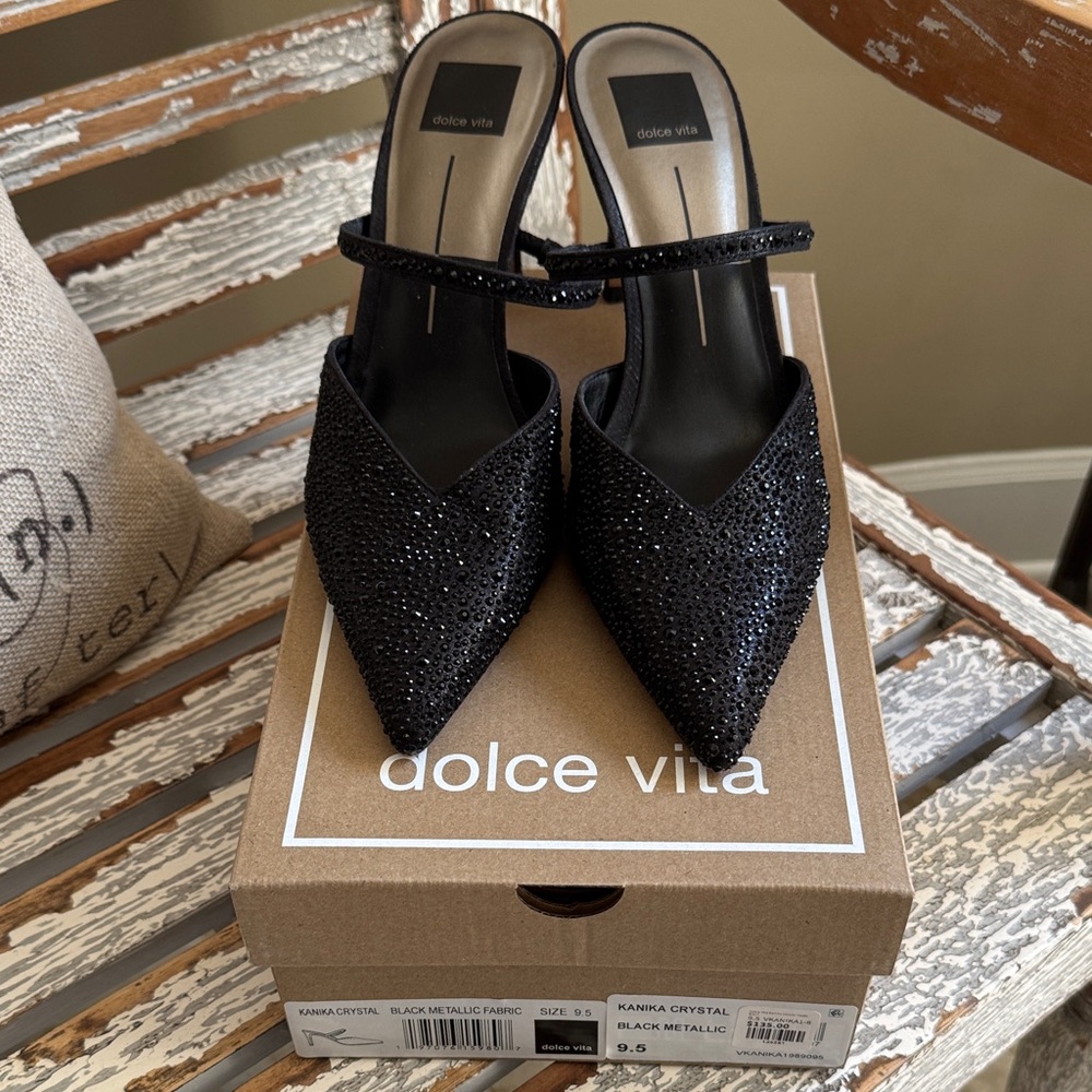 Dolce Vita Black Crystal-Embellished Pointed Mules